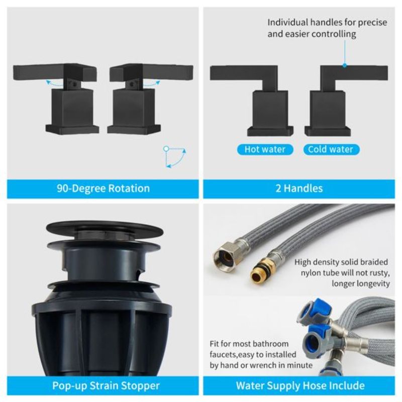 Mobiletto per bagno opaco per lavabo con foro di scarico, rubinetto a 2 maniglie, bagno nero con moderno rubinetto a cascata Up 3 diffuso._voghion.com
