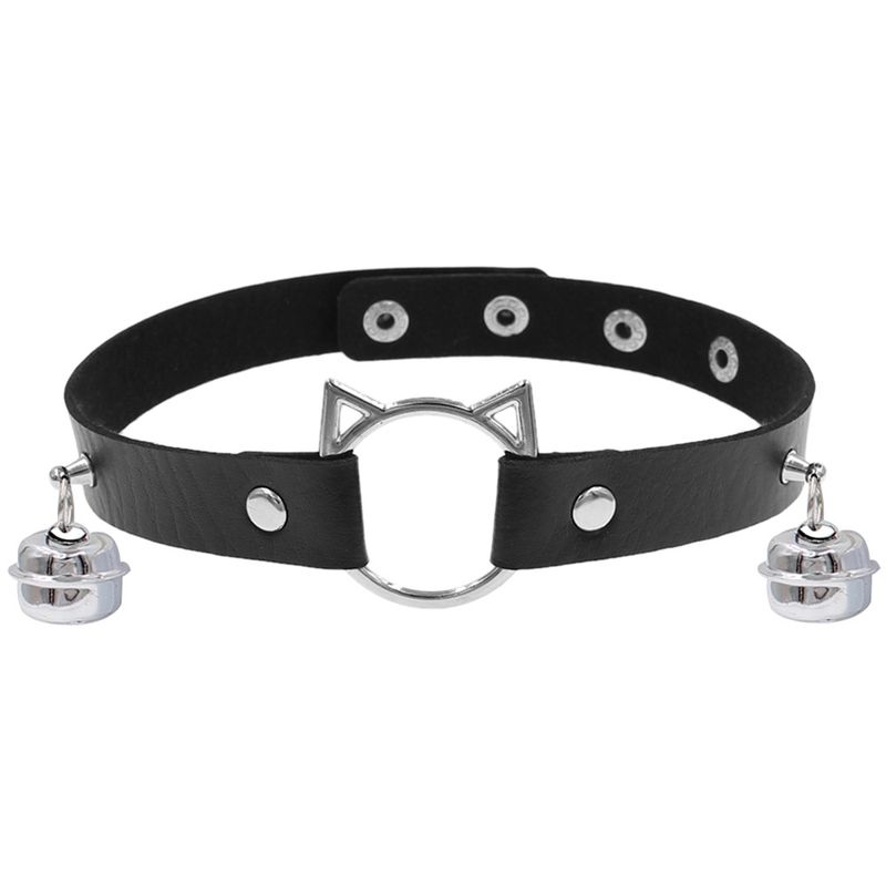 Collier ras du cou en cuir PU avec tête de chat de dessin animé pour femme, style punk foncé_voghion.com