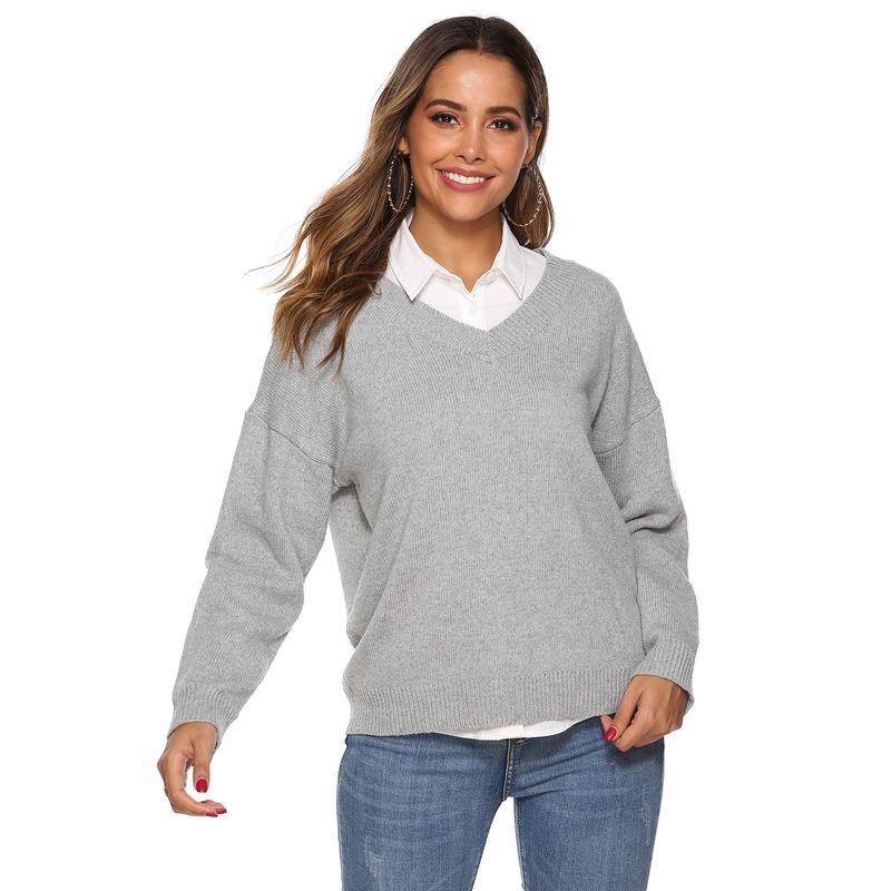 Pull ample à col en v tissé simple pour femme, couleur unie, haut chaud_voghion.com