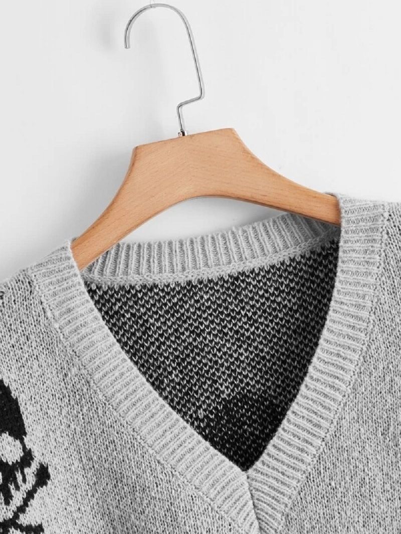 Pull gothique en tricot avec tête de mort extraterrestre des années 2000 – Pull unisexe oversize à col en V pour Halloween et Noël | Style streetwear_voghion.com