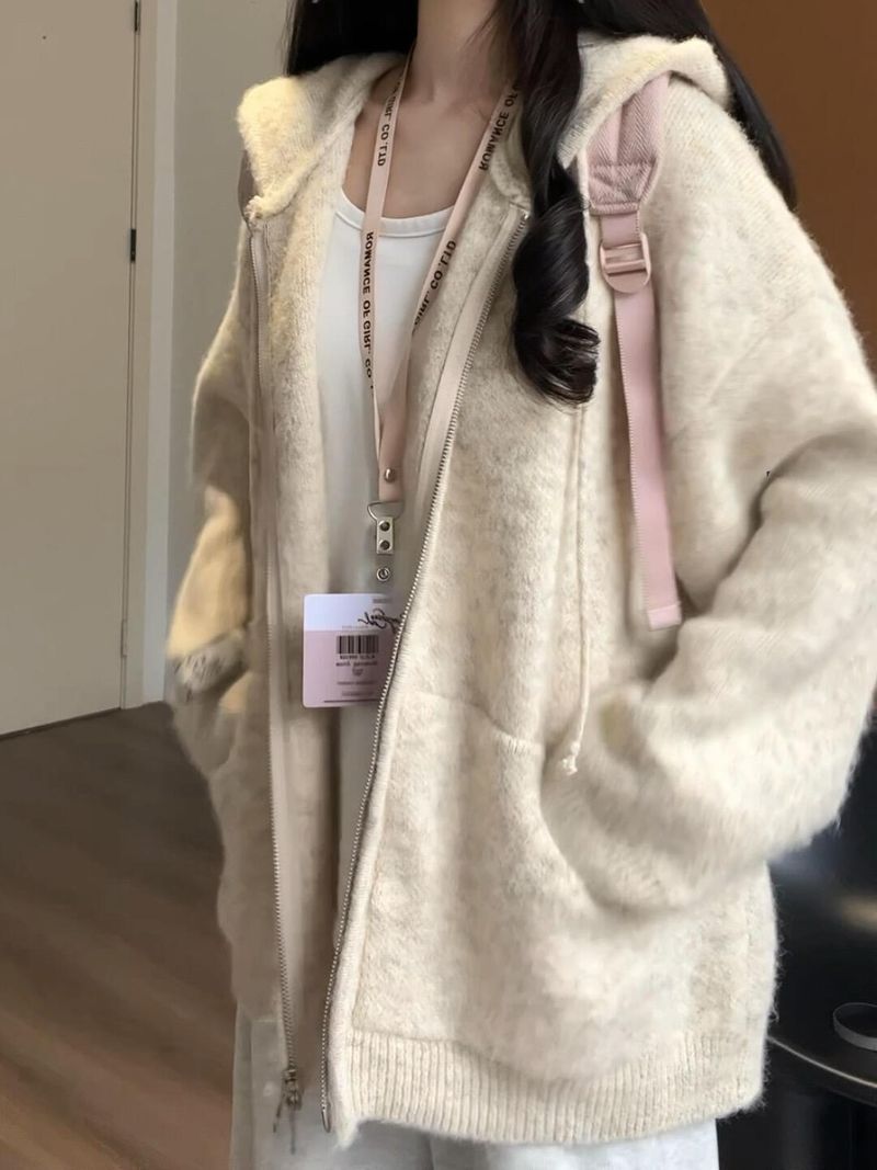 Ragazza Ragazza Ragazza Maglione Cardigan Lavorato a Maglia con Cappuccio Morbido e Pigro per Donna, Felpa Giacca Stile Coreano Vestibilità Larga Autunno e Inverno_voghion.com