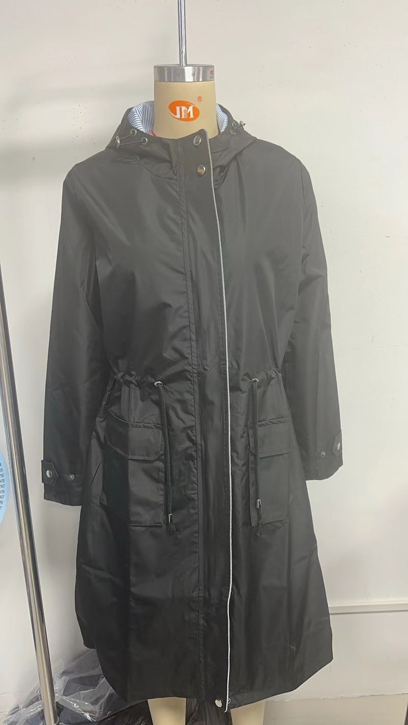 Trench casual da donna K Long con cappuccio, impermeabile, tinta unita con fodera a righe, cappotto dritto._voghion.com