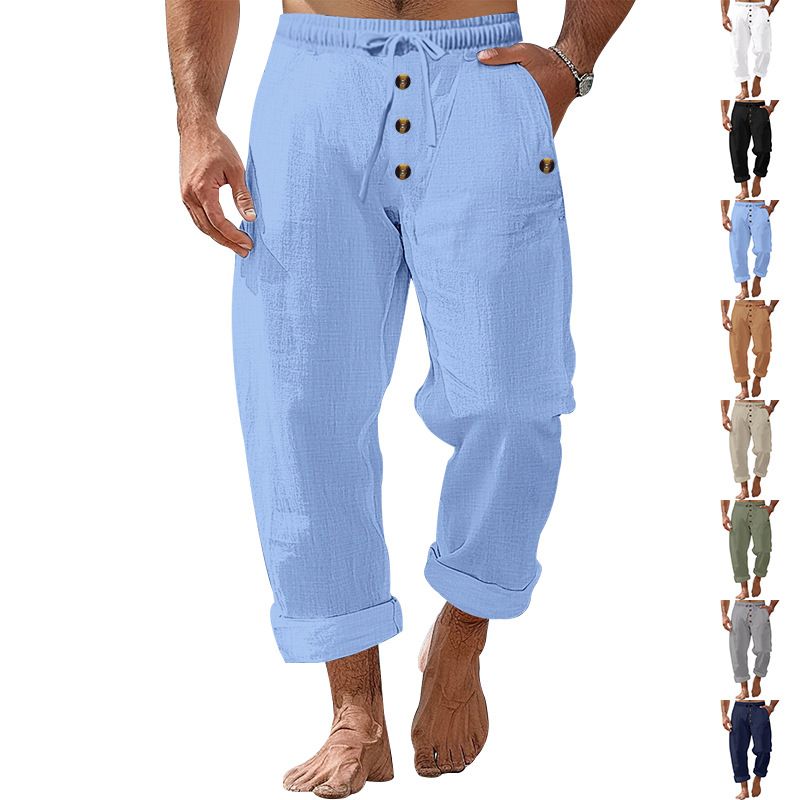 Spring And Autumn American Beach Solid Color Cotton Linen Loose Drawstring Button Casual Pants For Men_voghion.com