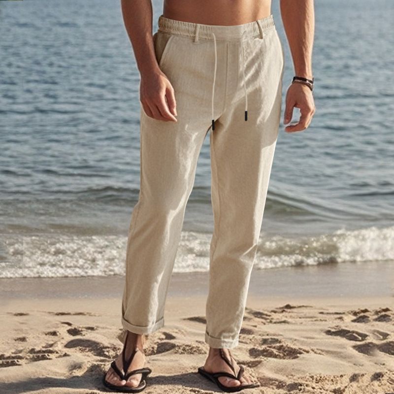 "Freizeithose aus Leinen für Herren - Atmungsaktive Sommerhose mit gerader Passform für Outdoor- und Strandkleidung (Weiß, Schwarz, Grau, Khaki, Armeegrün)"_voghion.com