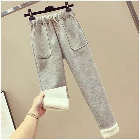 Gezellige damesoutfitset met fleecevoering - oversized hoodie en wijde wollen broek, Koreaans wintercasual pak, geborduurd letterontwerp,_voghion.com