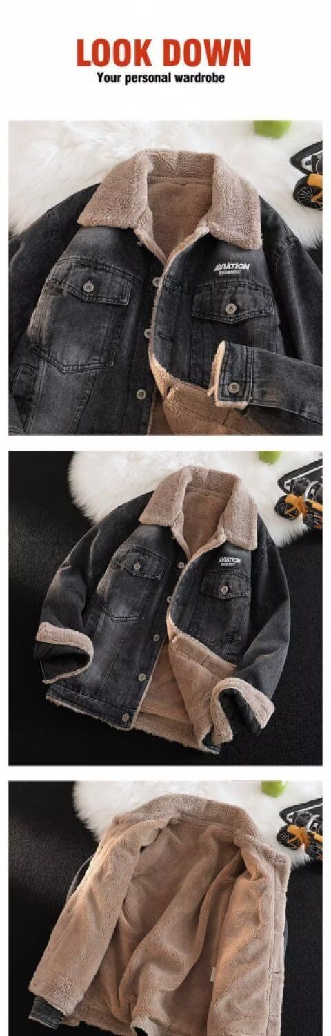 Herren-Winterjeansjacke – Verdickter High Street Fashion Loose Fit Freizeitmantel für Männer (Graues Fleecefutter, M-4XL)_voghion.com