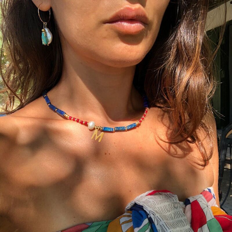 Collar de acero inoxidable con inicial de perla simulada, lapislázuli, cuentas cuadradas, piedra natural, ágata, nuevo, disponible en stock, para verano._voghion.com