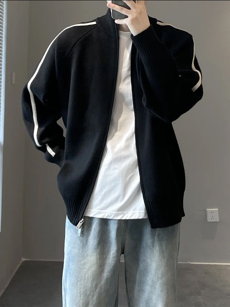 Strickcardigan für Jungen, trendige Herrenjacke für den Frühling 2025, neuer Stehkragen, lockerer, vielseitiger Freizeitpullover_voghion.com