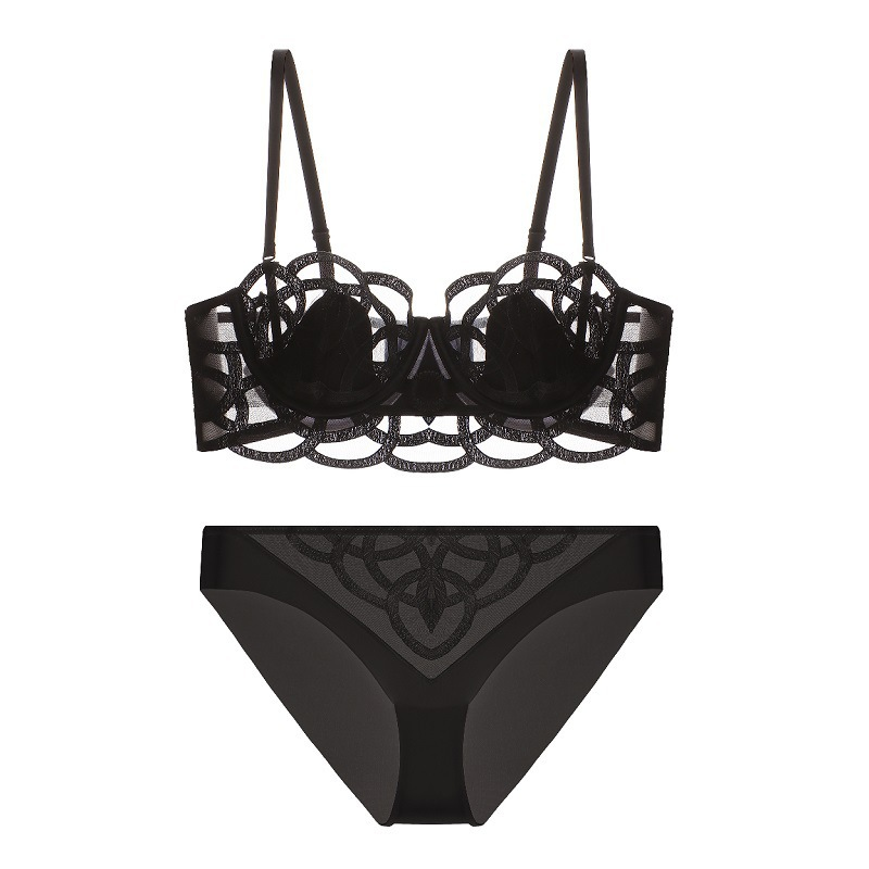 Conjunto de sujetador de lencería francesa para mujer, de malla fina y sexy, con gran pecho y una pequeña colección de pechos laterales fruncidos._voghion.com