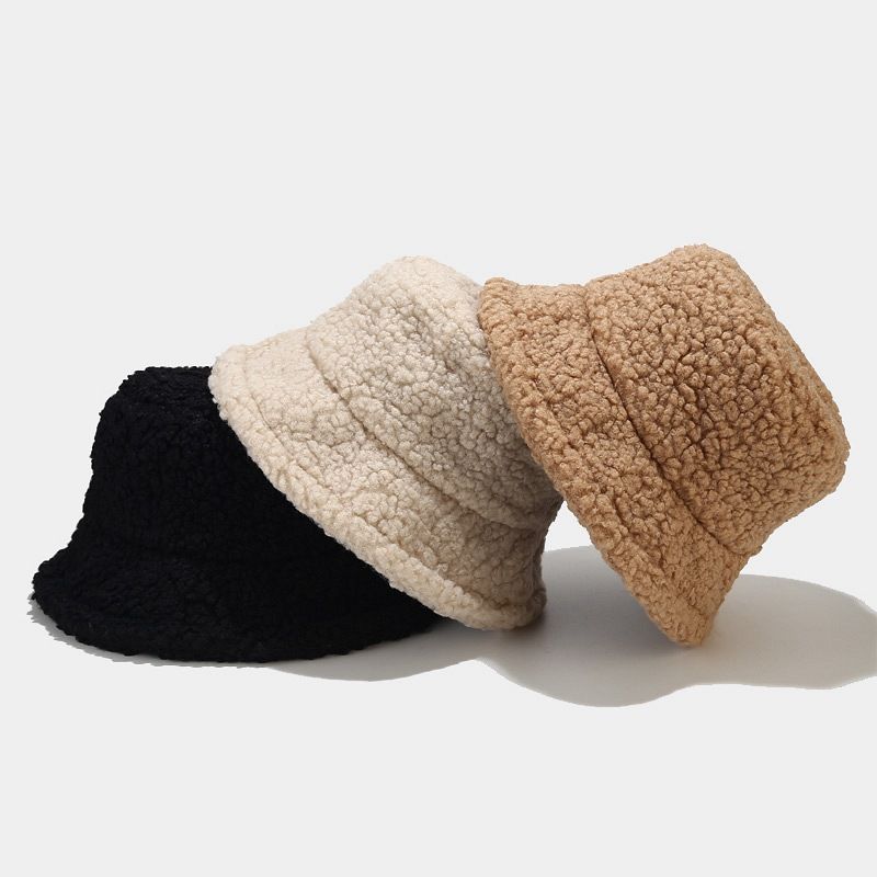 Hat women's autumn and winter versatile lamb wool bucket hat simple solid color thickened warm plush basin hat_voghion.com