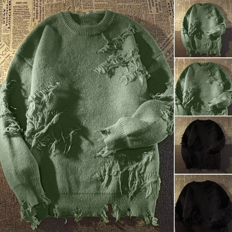 space Herrenpullover Leichter Herrenpullover Herren Winterpullover Trendy Rundhalsausschnitt Ripped Design Warmer Strickpullover508_voghion.com