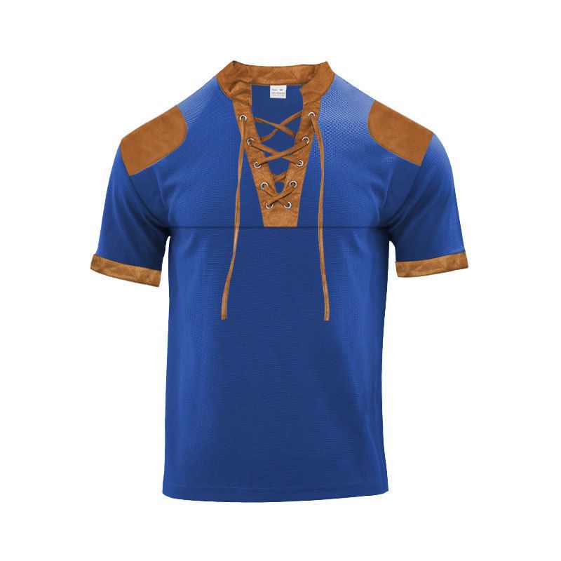Camisa Henley de manga curta de verão, camiseta masculina com decote em V e alça, conjunto de cores combinando_voghion.com