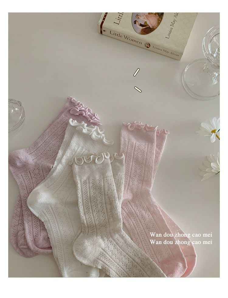 Socks, children's mid length socks, summer thin cut hollow, skin friendly, sweet and cute, solid color mesh pile socks_voghion.com