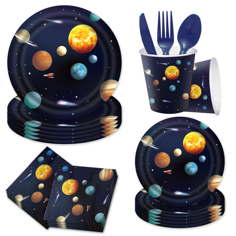 New Space themed Party Cutlery Set, Birthday Event Disposable Dining Plate, Decorative Table Cloth Supplies_voghion.com