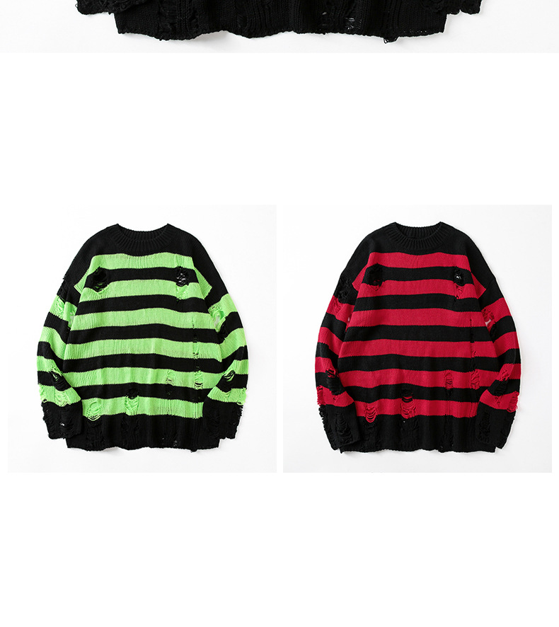 Oversized Distressed Knit Sweater For Men Crewneck Pullover With Striped Color Blocking (Black/Red, Black/White,Black/Yellow, Black/Green, Red/White)_voghion.com