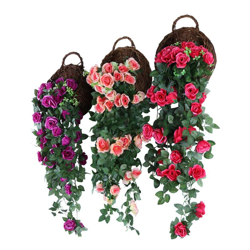 Ghirlanda di edera artificiale con cesto appeso - Decorazione floreale in seta rosa da 1,1 m per pareti interne, matrimoni, casa e decorazioni esterne_voghion.com