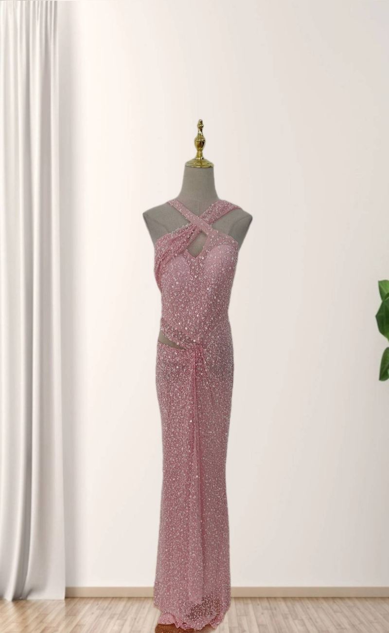 Elegante abito da sera lungo aderente con paillettes per donna - Scollo a V profondo, vita alta, abito da festa lungo fino a terra, colore rosa_voghion.com