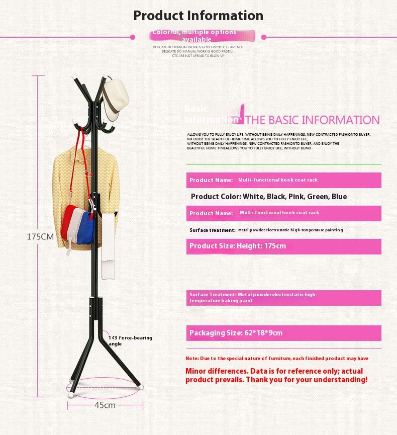 Modern Iron Coat Rack - 1.75m Tall Standing Clothes Hanger With 9 Hooks, Space-Saving Entryway & Bedroom Organizer, Multiple Color Options_voghion.com