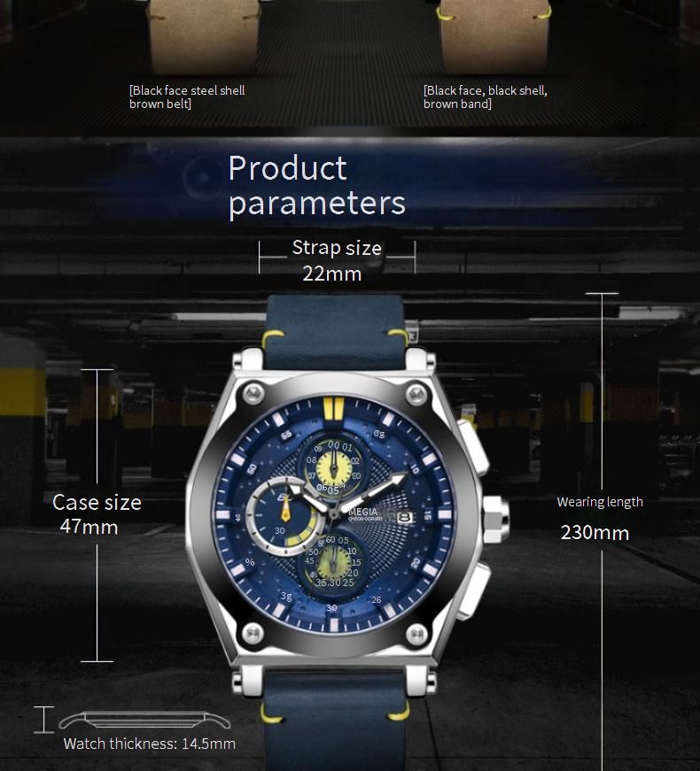 Orologio sportivo da uomo MEGIR in vera pelle con cronografo, resistente all'acqua, luminoso, multifunzione, design elegante_voghion.com