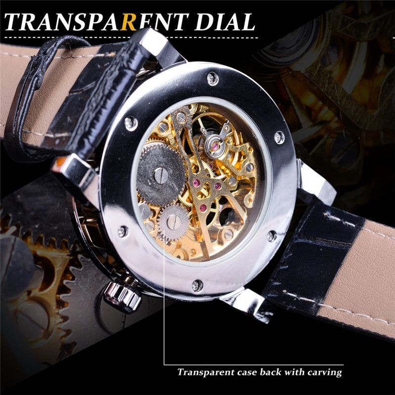 Men's Fashion Skeleton Mechanical Watch With Rhinestones - Hand-Winding Luxury Timepiece, 40mm Leather Strap, Stainless Steel Buckle_voghion.com