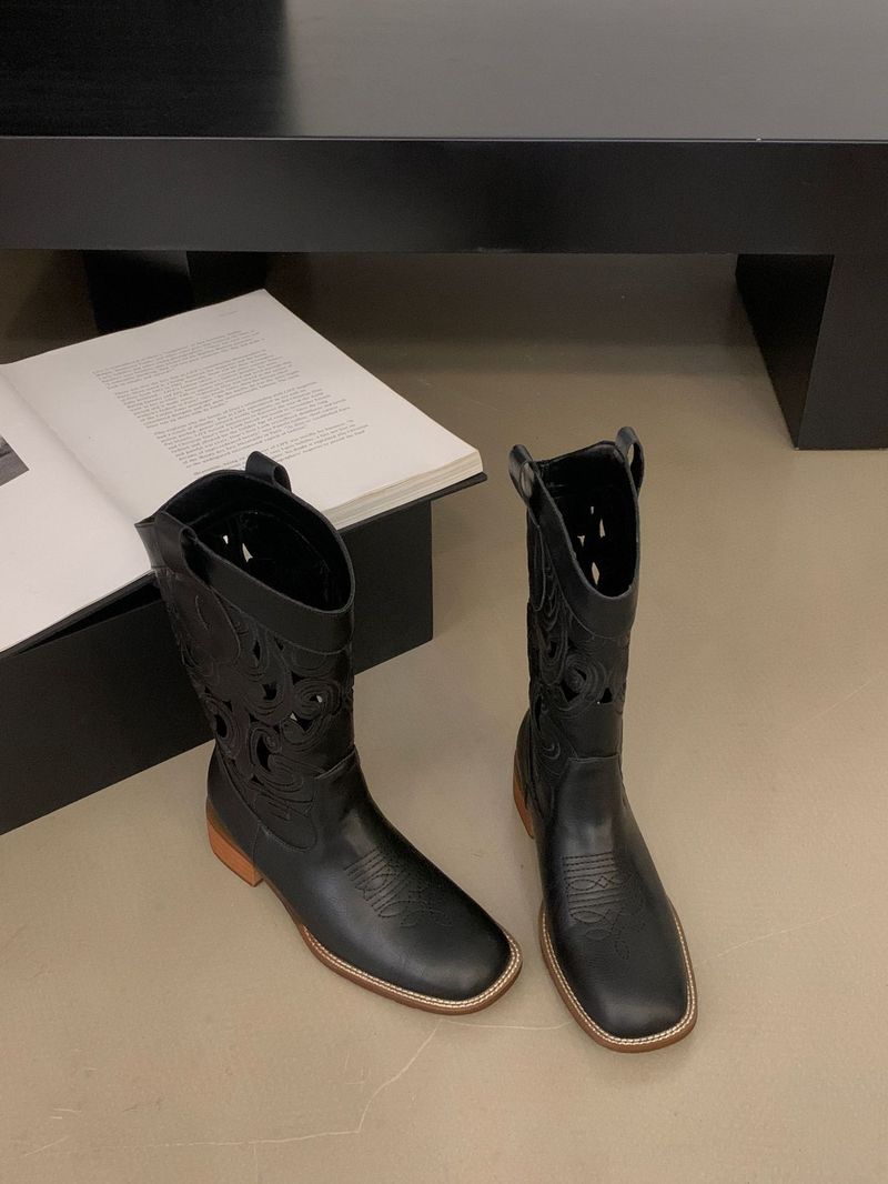 2024. gada jauni apavi Rietumu kovboju izšūti ar garu kāju bruņinieks sieviešu kvadrātveida galvas rupji papēža zābaki vasarā_voghion.com