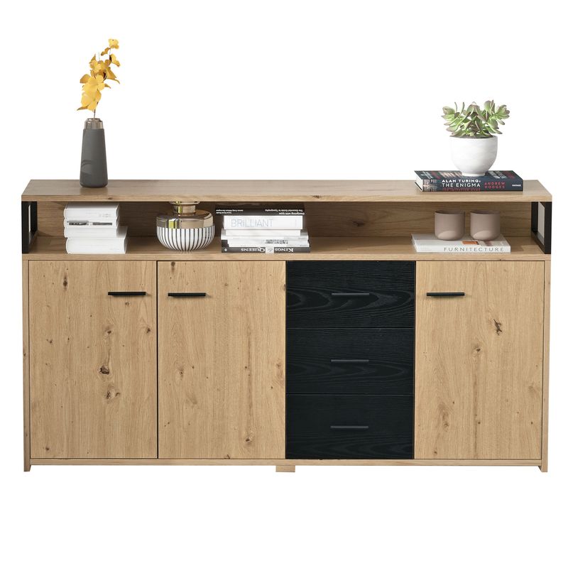 Buffet industriel trois portes et trois tiroirs, meuble de rangement multifonctionnel avec poignées en métal, armoire de cuisine, meuble de rangement pour chambre, salon et bureau, 150 x 35 x 75,9 cm_voghion.com