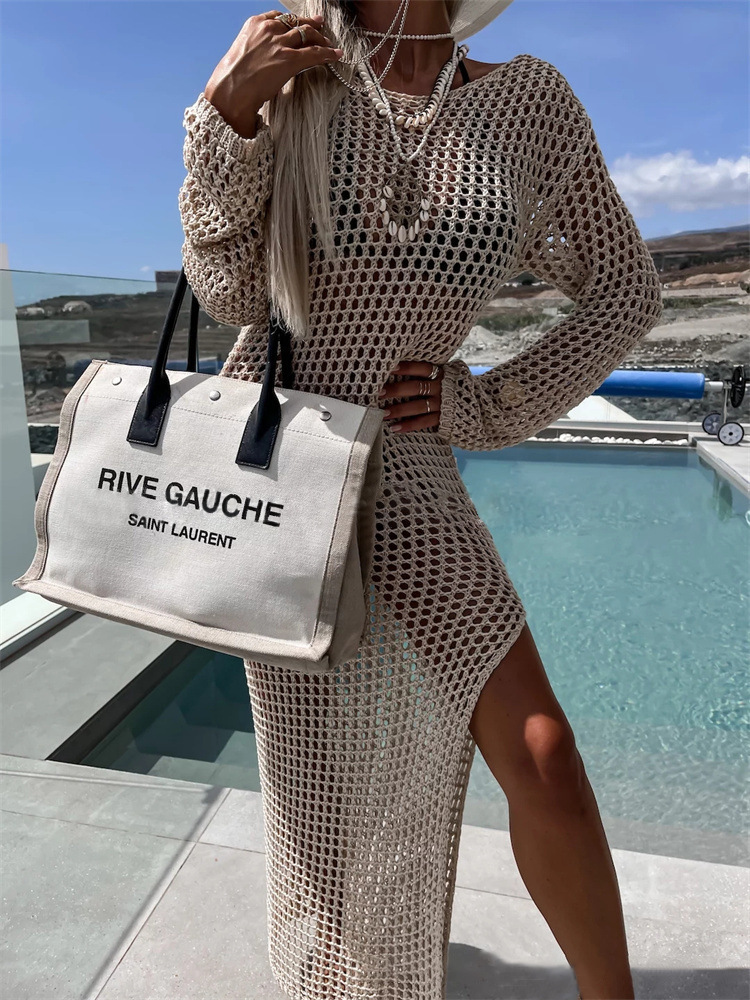 Robe longue ajourée à col rond pour femmes, nouvelle mode, fendue, taille haute, slim_voghion.com