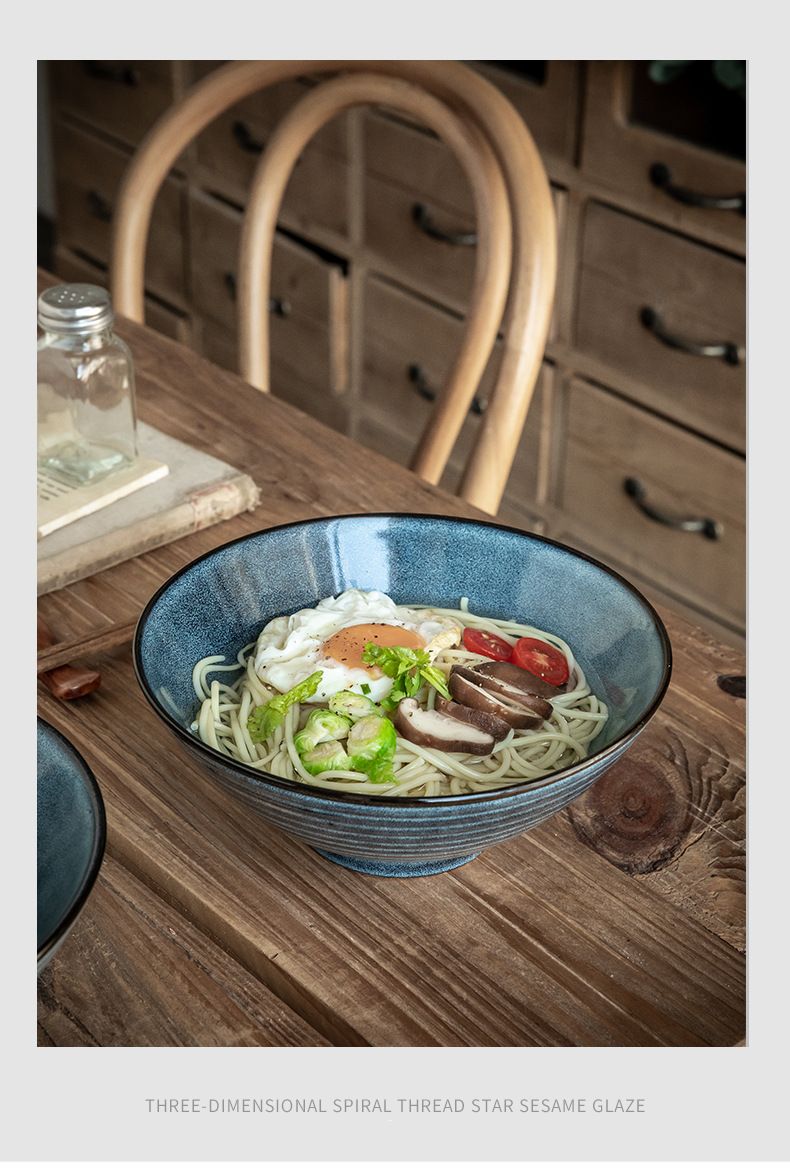 Sydney Blue Ceramic Bowl - 8 Inch Ramen Noodle Bowl With Ribbed Design (Retro Style Large Soup Bowl For Home & Restaurant Use)_voghion.com