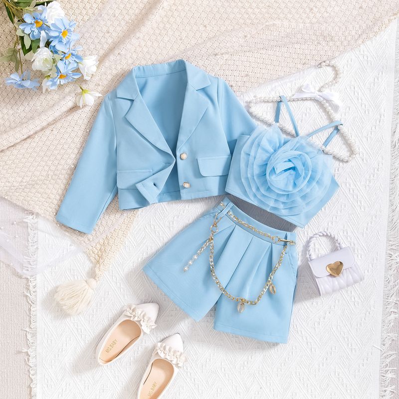 Παιδικά Ρούχα Άνοιξη και Φθινόπωρο Νέο Κοριτσίστικο Κοστούμι με Μακρυμάνικο Μπουφάν + Εσωτερικό με Λουλούδια + Σορτς Τριπλό Κοστούμι_voghion.com