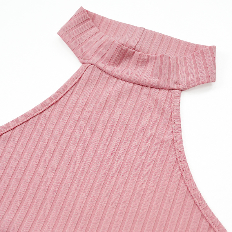 Set da donna in due pezzi casual con pantaloni a camicia senza maniche con collo appeso e ampia striscia in tinta unita_voghion.com