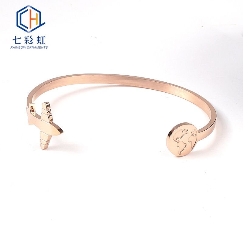 Map Airplane Titanium Bracelet For Women Business Logo C-shaped Engraving Stainless Steel Bangle_voghion.com