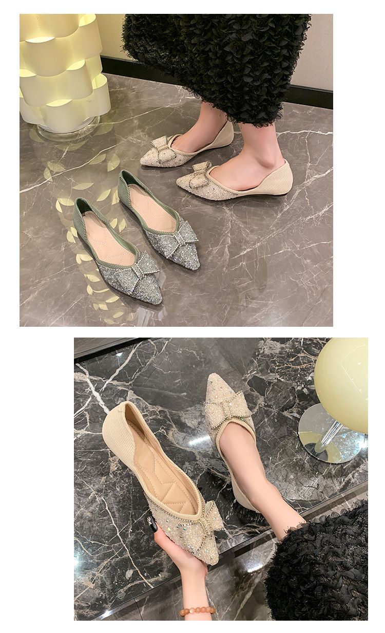Elegante Ballerinas mit Schleife und spitzer Spitze für Damen – Glitzernde Strass-Ballerinas, Prinzessinnen-Pumps mit niedrigem Absatz, bequeme Slip-On-Abendschuhe_voghion.com