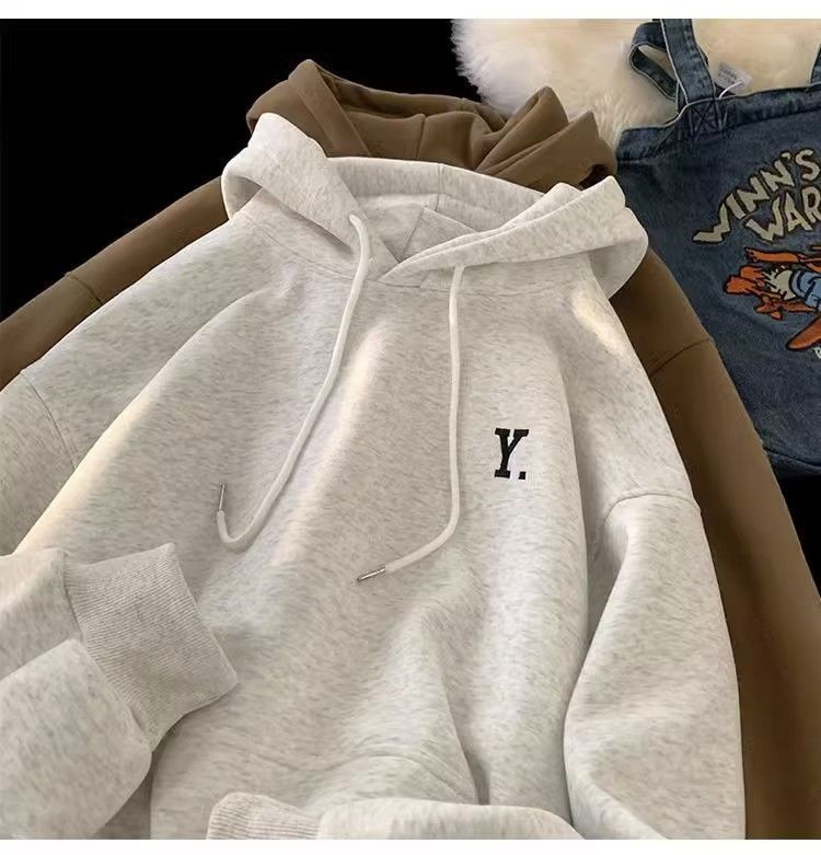 Felpa con cappuccio e stampa di lettere in velluto Silver Fox, versione coreana, stile coppia, giacca sportiva casual autunnale e invernale per uomo_voghion.com