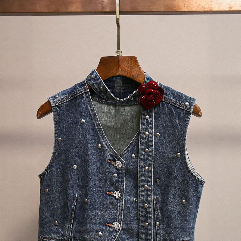 Shenzhen Nanyou Lüks Kadın Fransız Moda Gül İşlemeli Yelek + Kot Etek Takımı Kadınlar İçin_voghion.com