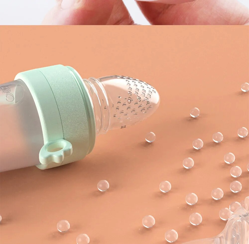 Kūdikių maitinimo buteliukas + Tether kūdikių silikoninės ryžių pastos grūdų šėrimo išspaudžiamas buteliuko šaukštelis naujagimio indams_voghion.com