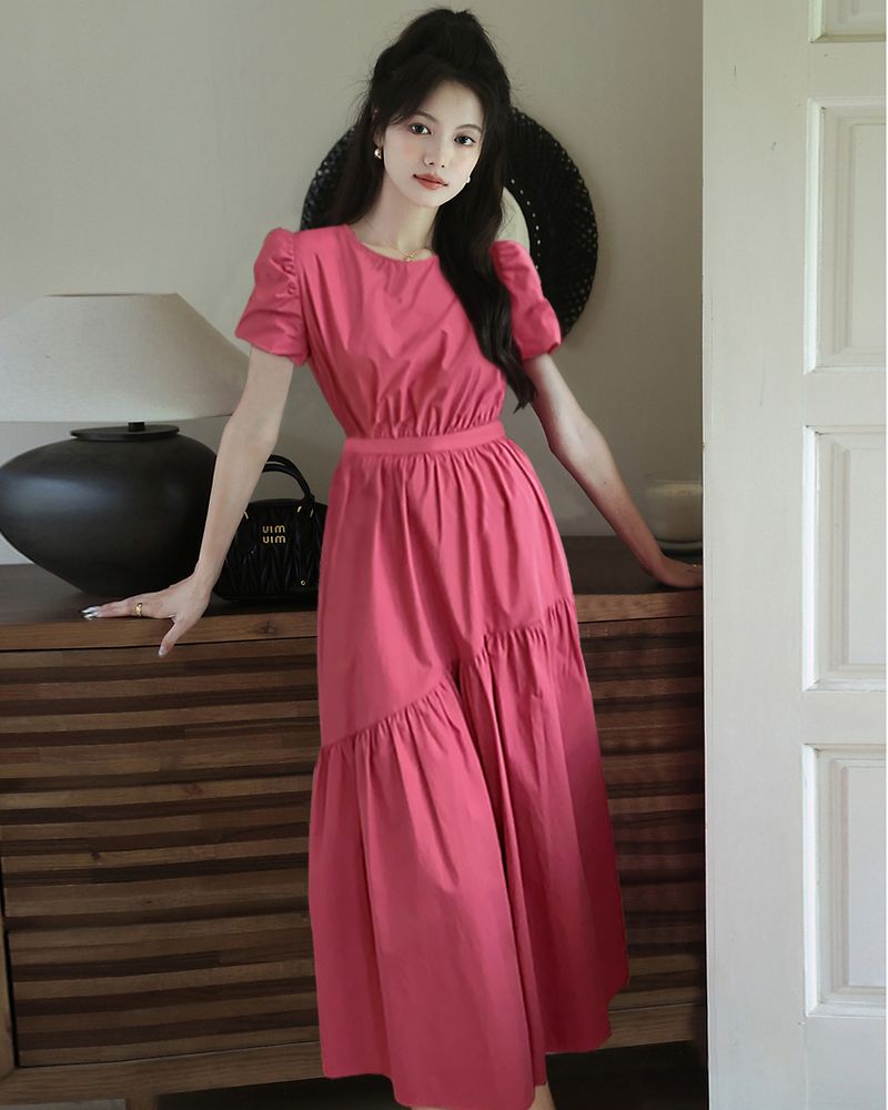 Abito lungo con maniche a sbuffo, stile francese, attillato, da donna, modello Tea Break, 2025, nuovo, snellente, tinta unita 1336-2_voghion.com