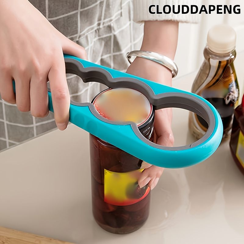 Abridor de botellas y frascos antideslizante 4 en 1: utensilio de cocina azul y amarillo para usar en casa, bar o fiesta._voghion.com