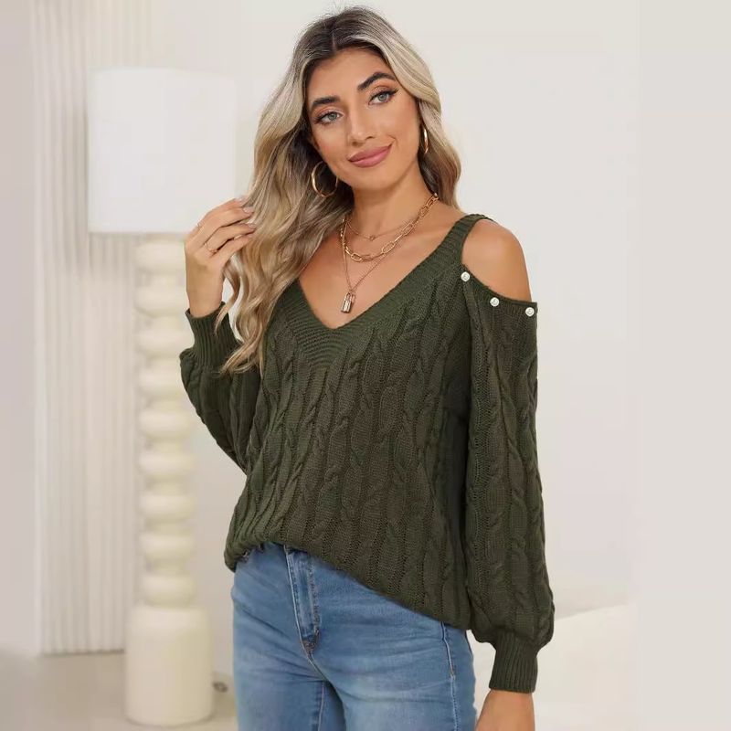 Woven Base Shirt Women's Autumn Winter Deep V Sexy Off-Shoulder Loose Pullover Sweater Top Women 67201_voghion.com