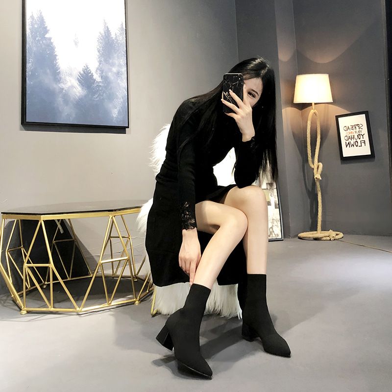Spitzschuh Gestrickt Slim Fly Knit Elastische Socke Chunky Heel Kurze Stiefel Frauen 2025 Herbst Winter Große Größe Schwarz frauen_voghion.com
