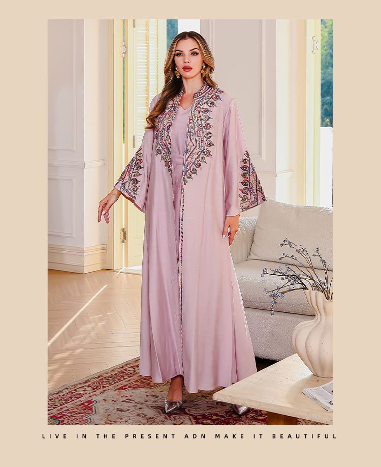 Luxuriöses besticktes Abaya-Kleiderset – schlichtes zweiteiliges muslimisches Abendkleid mit Kordelstickerei (M-XXL, Rosa/Blau)_voghion.com