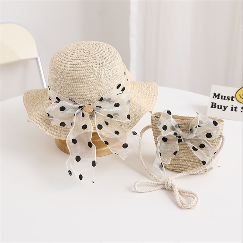 Nuovo set di cappelli e borse parasole con fiocco coreano a pois e onde di paglia per bambini, dolce e carino_voghion.com