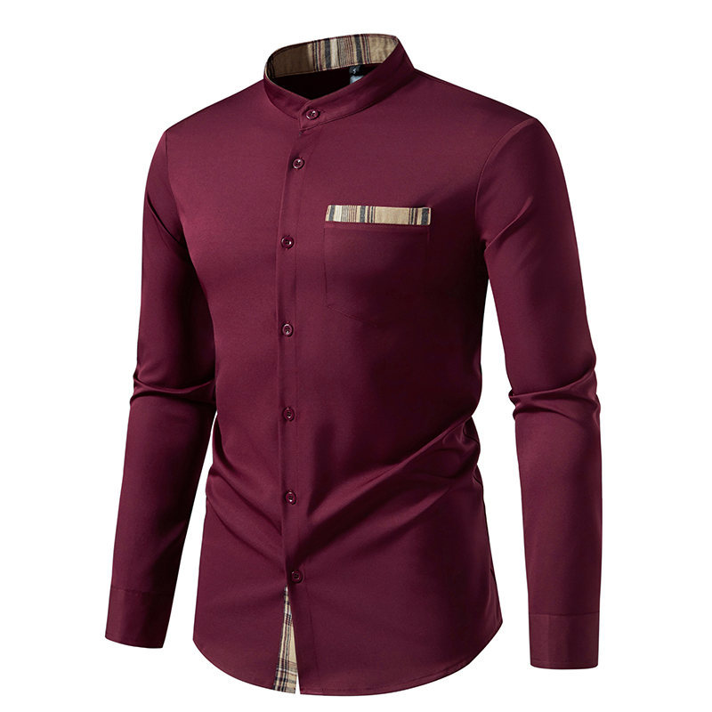 Camicie da uomo, camicie Henry da uomo con colletto rialzato, camicie a maniche lunghe a blocchi di colore a quadri all'ingrosso_voghion.com