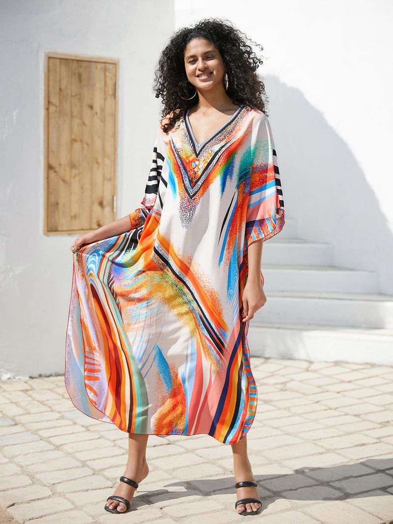 Sukienka maxi z nadrukiem w stylu boho, damska, narzutka z wiskozy – zwiewna tunika plażowa z etnicznymi wzorami, luźny krój w dużych rozmiarach, narzutka na bikini, strój na wakacje_voghion.com
