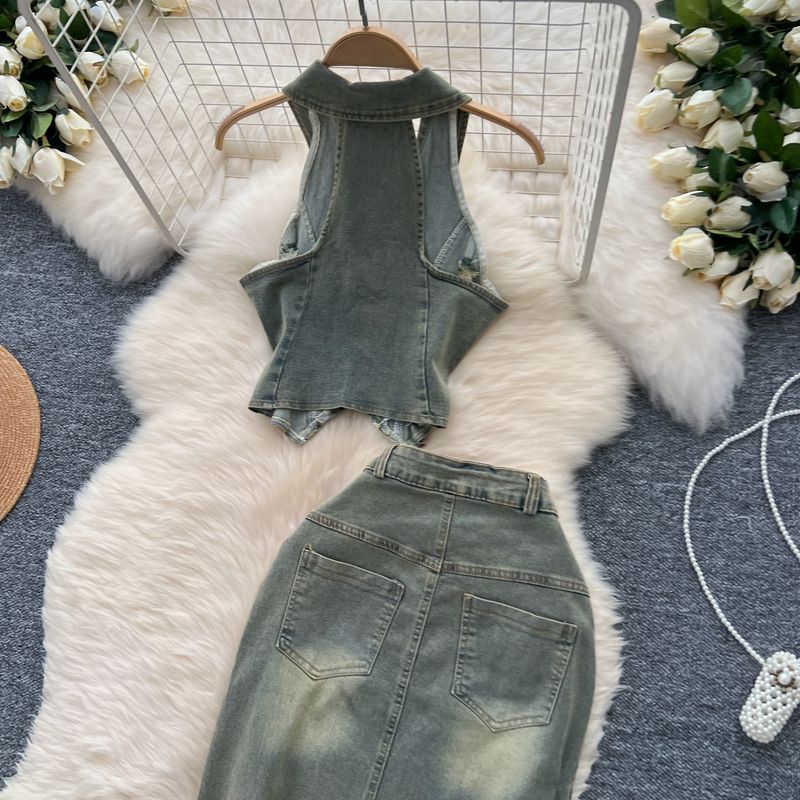 Women's Clothing Retro Washed Distressed Halter Neck Sleeveless Lapel Raw Edge Denim Top Slit Slim Skirt Two Piece Set_voghion.com