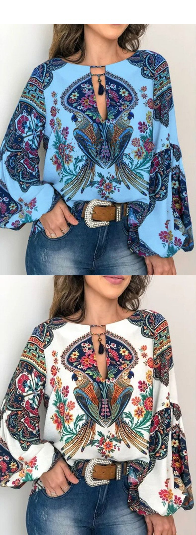 Women's personalized digital printed round neck lantern sleeve shirt_voghion.com