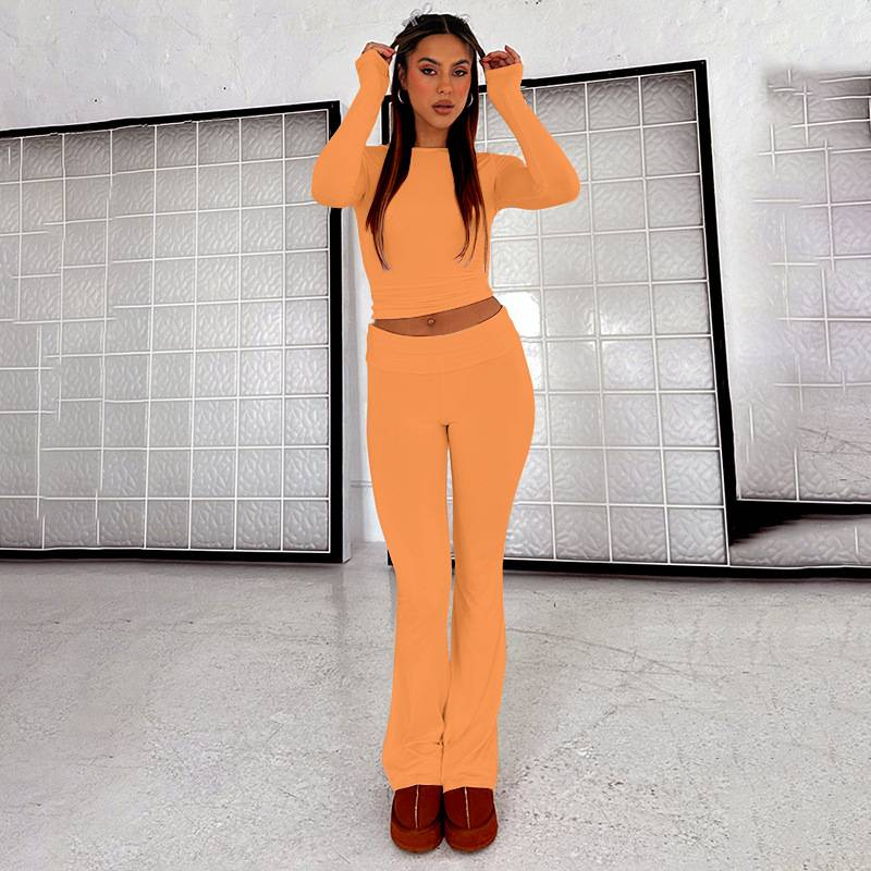 Naisten perus kaksiosainen asu, pitkähihainen crop top, taitettavat leggingsit, levenevät housut, yhteensopivat kaksiosaiset oloasut_voghion.com