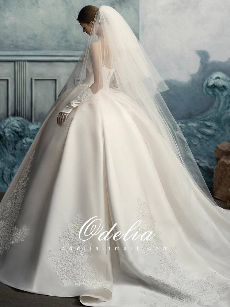 Ropa de mujer Nueva novia Velo principal de satén con cola larga_voghion.com