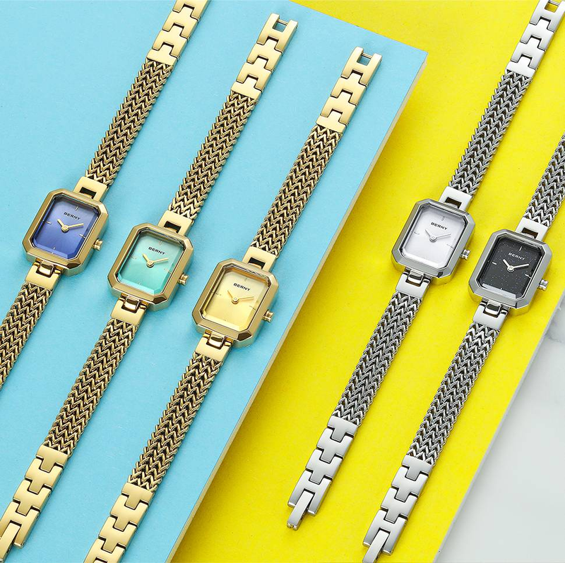 BERNY Small Gold Watches For Women Dainty Luxury Ladies Analog Quartz Bracelet Watch Rectangular Case Stainless Steel Waterproof Minimalist Wristwatch_voghion.com