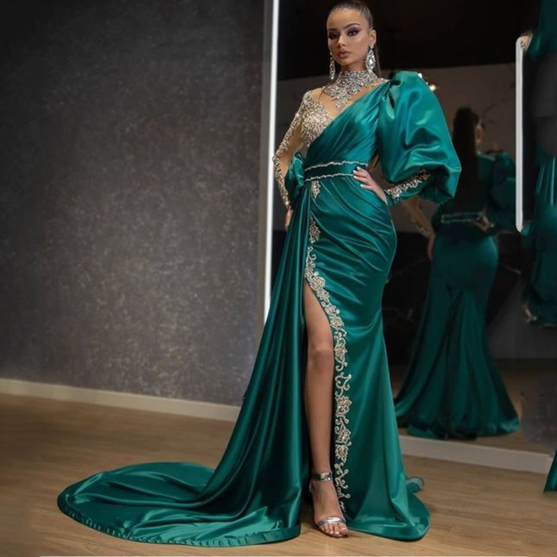 Evening Party Dress Women Elegant Beading Side Split Satin Lantern Sleeve Green Wedding Prom Gown Long Maxi Dresses 2025_voghion.com