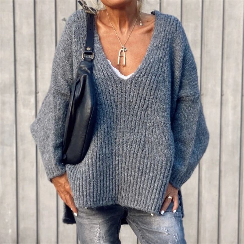Pull ample en tricot à col en V avec côtés fendus pour femme 2025_voghion.com